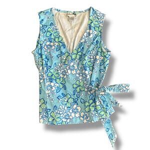 Island Republic Women’s 10 Blue Green Tropical Floral Wrap Tie Top Cotton Blend